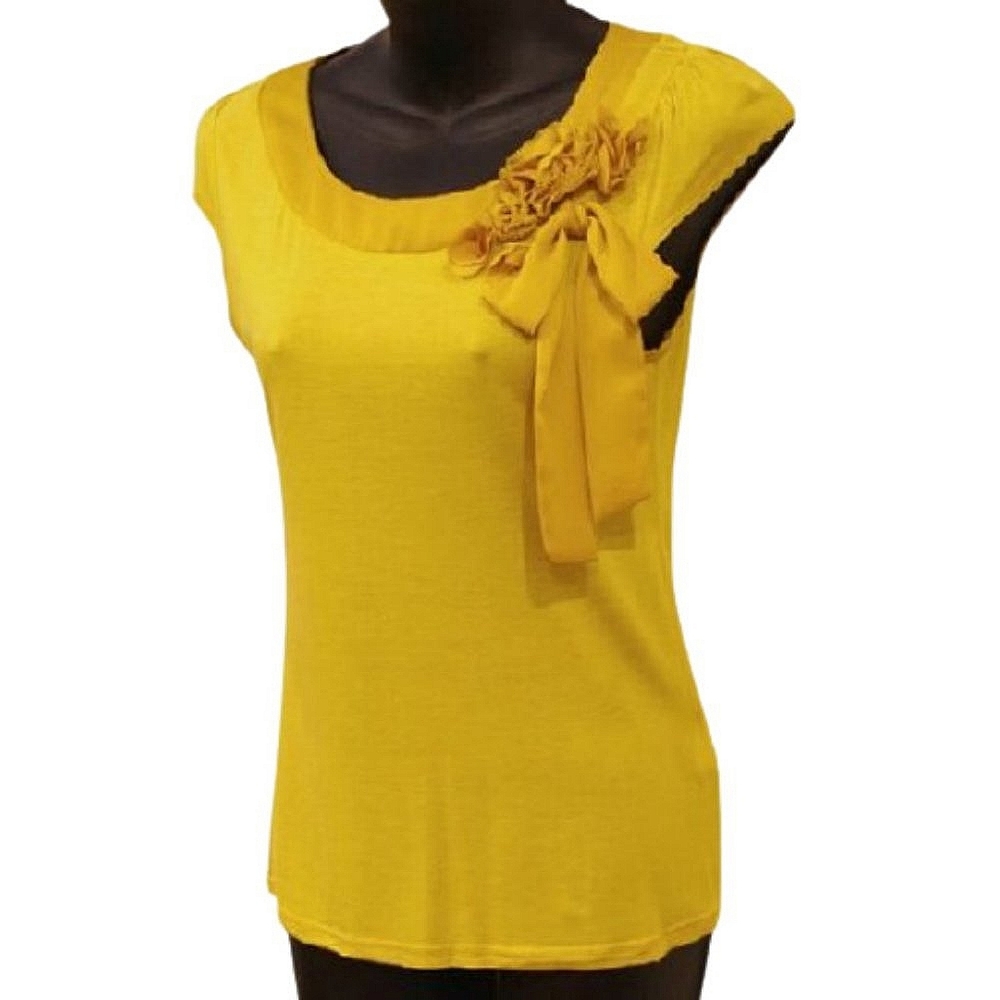 H&M Chartreuse Jersey Top w/Chiffon Floral/Bow Decoration